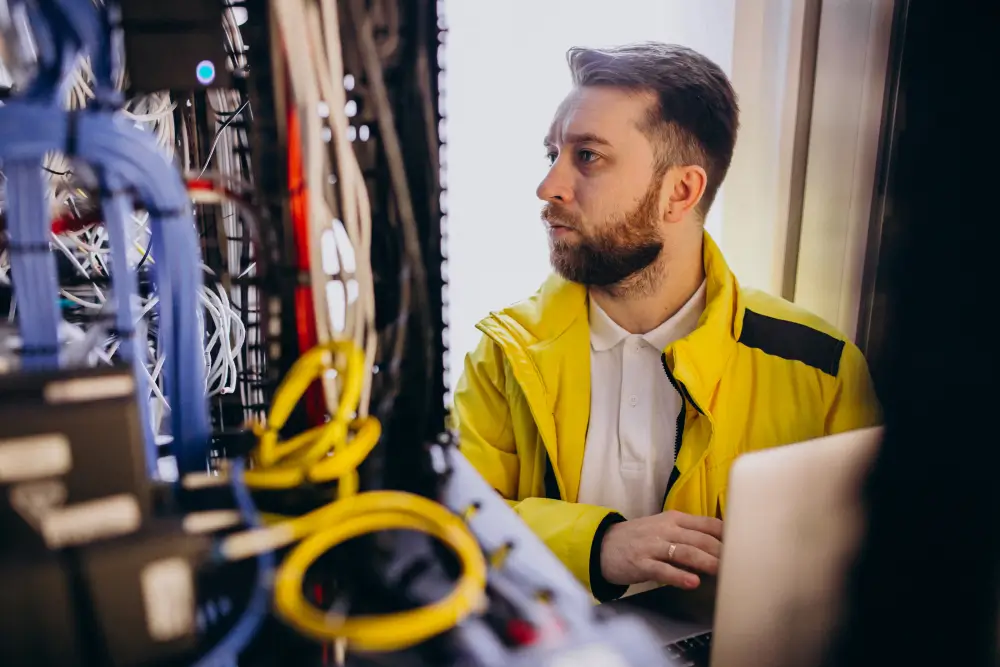 Network technician inspecting server rack cables inside a data center