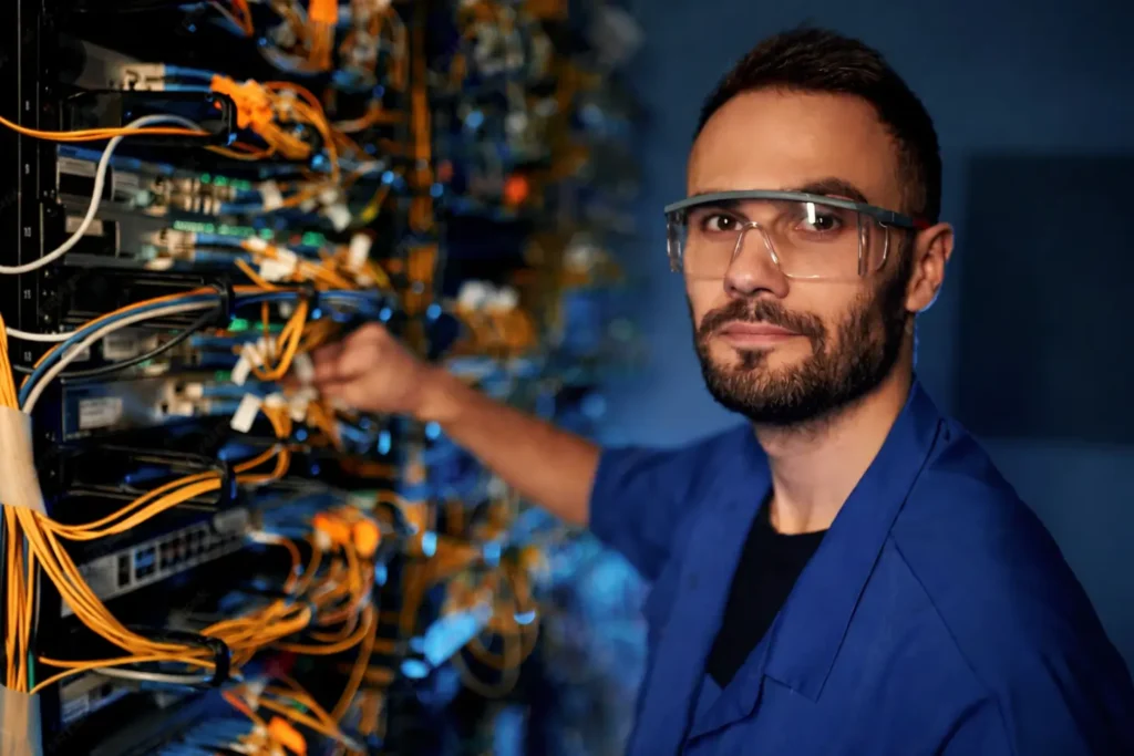 Network engineer managing cables and equipment inside a busy data center
