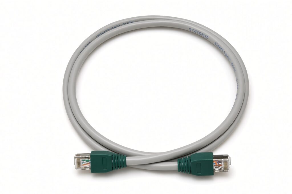 Gray Ethernet cable with teal RJ45 connectors on white background