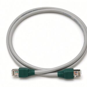 Gray Ethernet cable with teal RJ45 connectors on white background