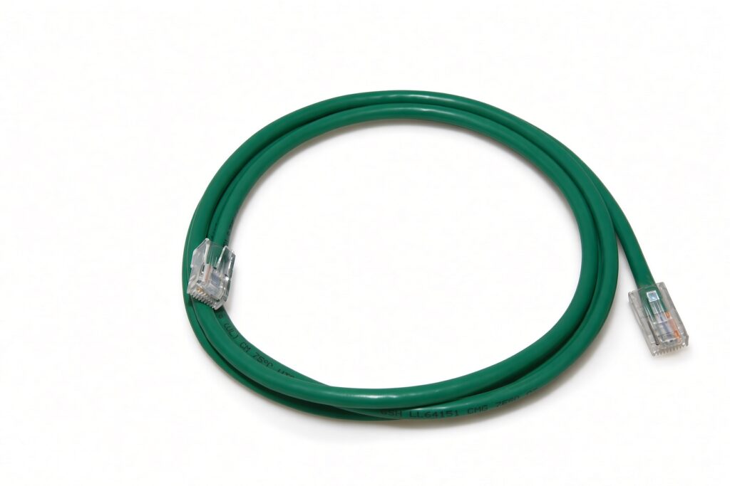 Green Ethernet patch cable with clear RJ45 connectors coiled neatly