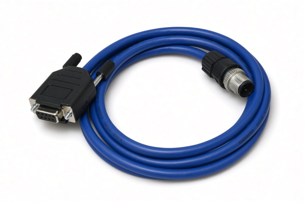 Blue console cable with serial connector and circular M12 connector