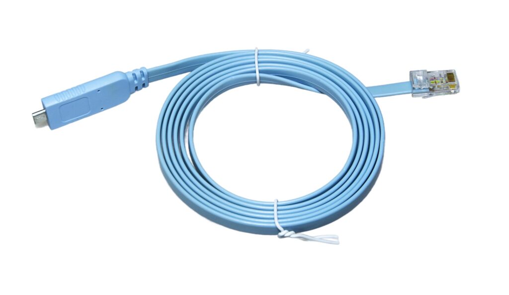 Light blue USB Micro to RJ45 console cable coiled neatly
