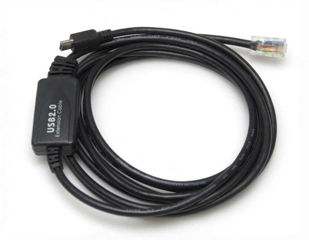 Black USB Mini to RJ45 console cable with inline adapter