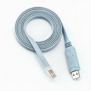 Coiled blue USB to RJ45 console cable for networking equipment
