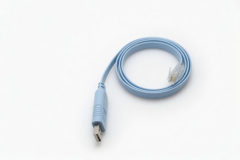 Light blue USB to RJ45 console cable on white background