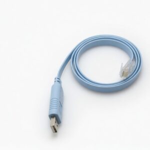 Light blue USB to RJ45 console cable on white background