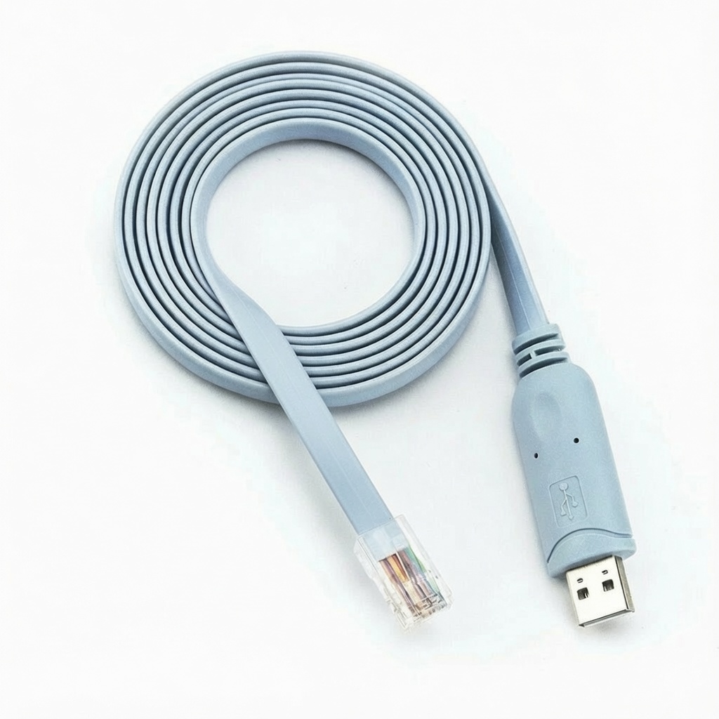 Coiled blue USB to RJ45 console cable for networking equipment