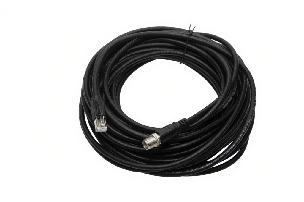 Black Ethernet to M12 network cable coiled on white background