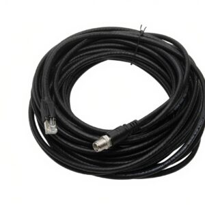 Black Ethernet to M12 network cable coiled on white background