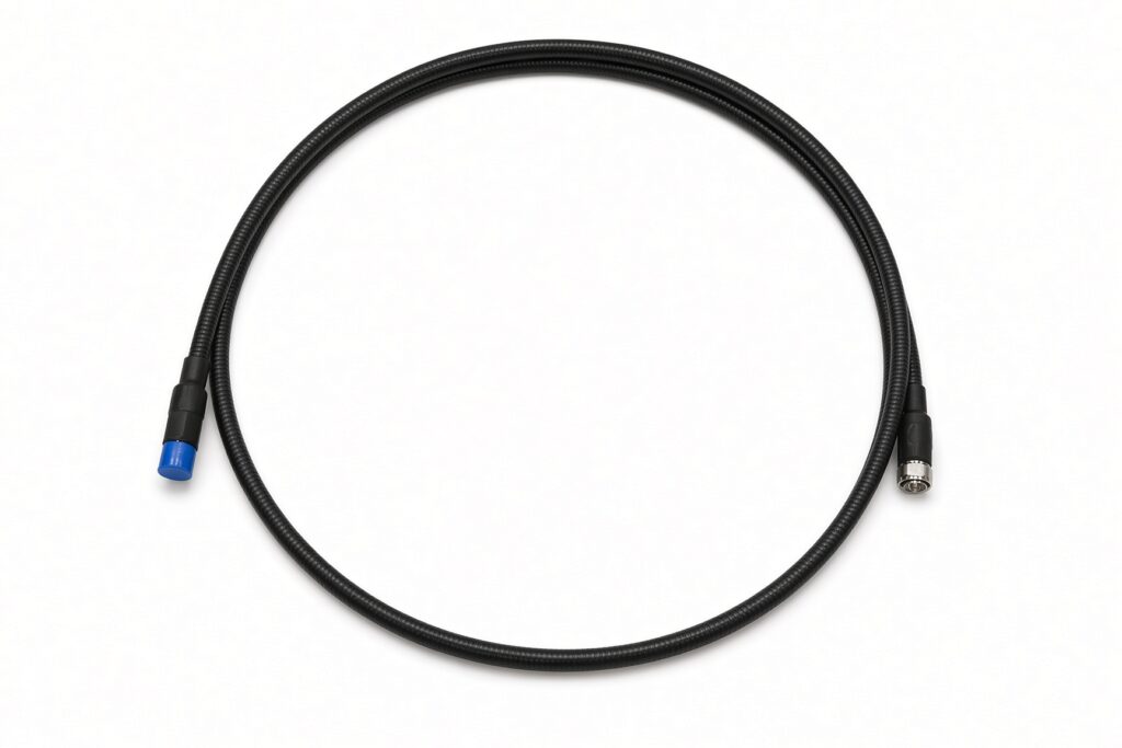 Black coaxial cable with 7/8 DIN male connectors at both ends
