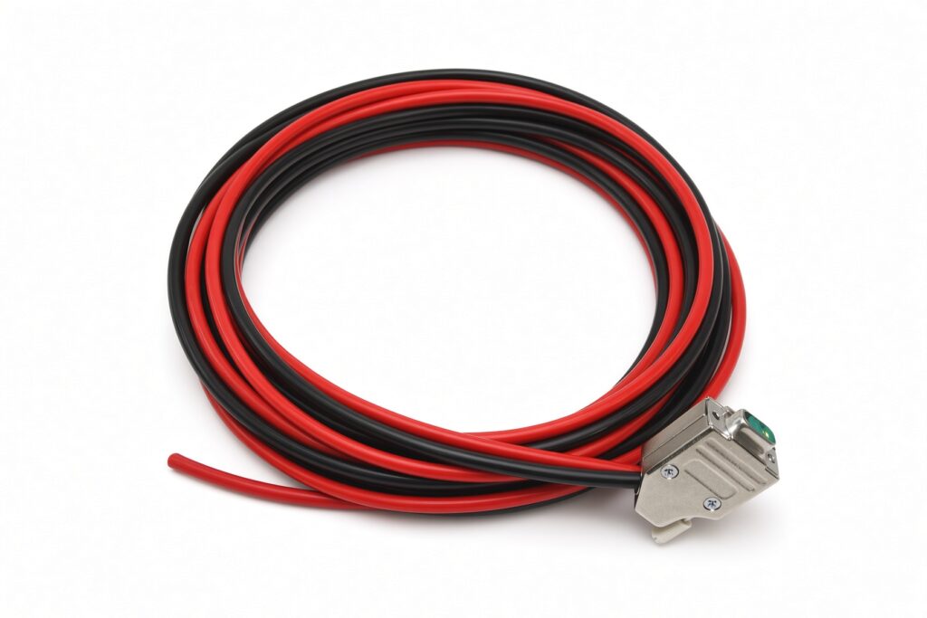 Red and black power cable assembly with metal connector end