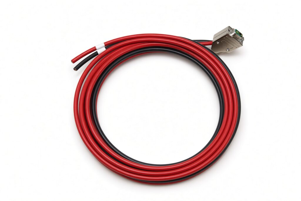 Coiled red and black power cable with small metal connector