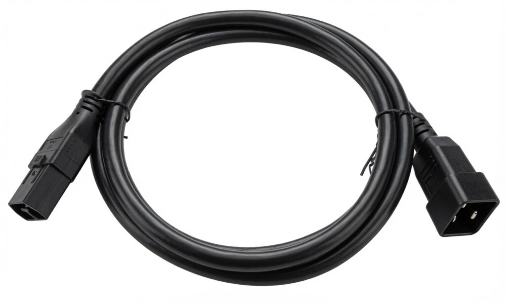 Black power cable with matching connectors displayed on white background