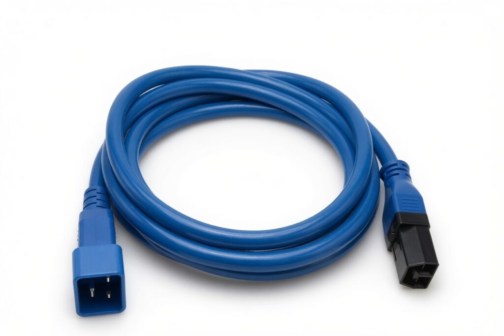 Blue power cable coiled with black and blue connectors