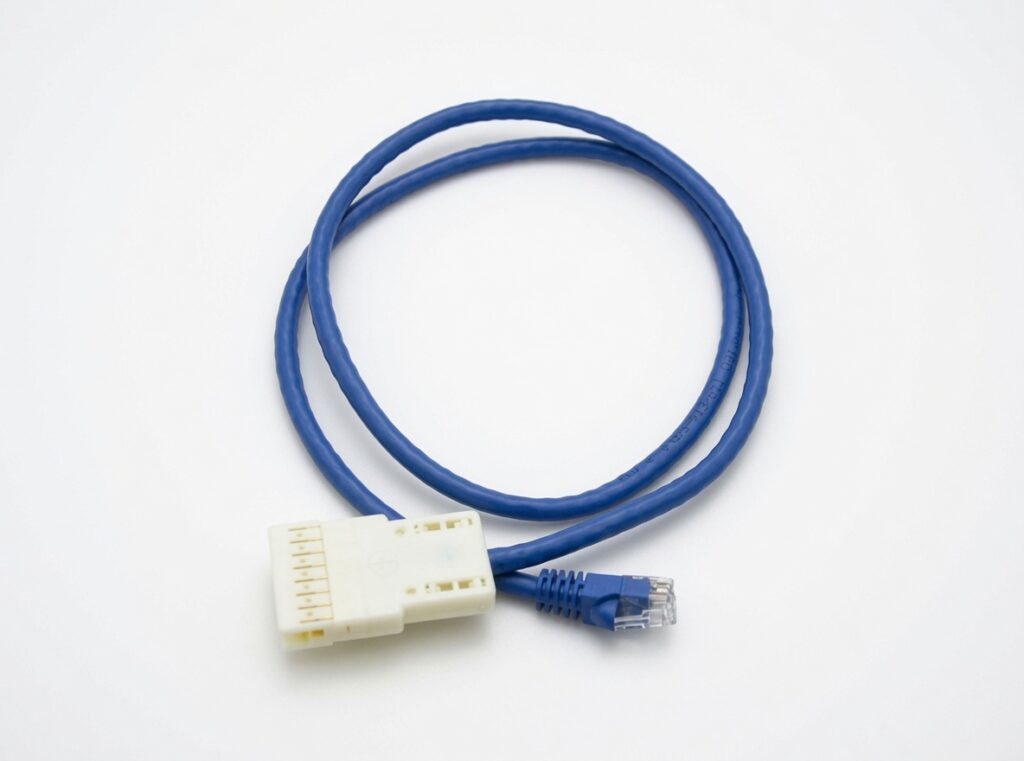 Blue adapter cable with white rectangular connector on white background