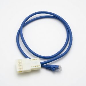 Blue adapter cable with white rectangular connector on white background