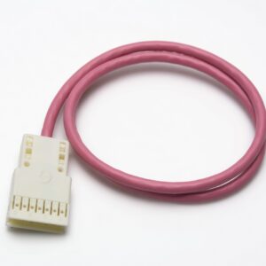 Pink network cable coiled beside white multi pin connector