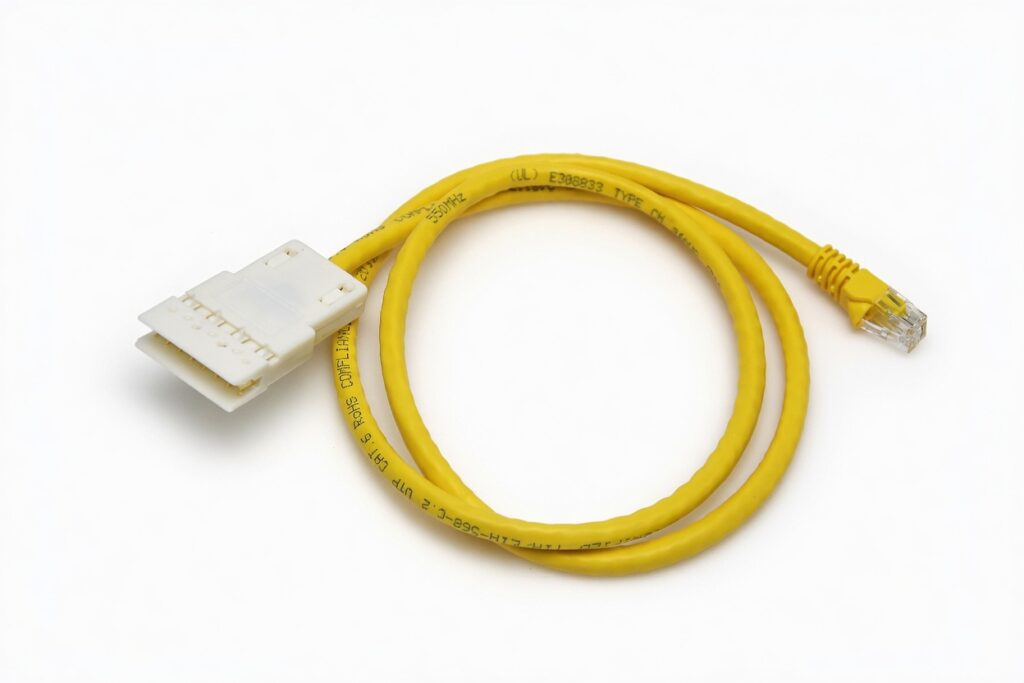 Yellow network patch cable with RJ45 and white connector ends