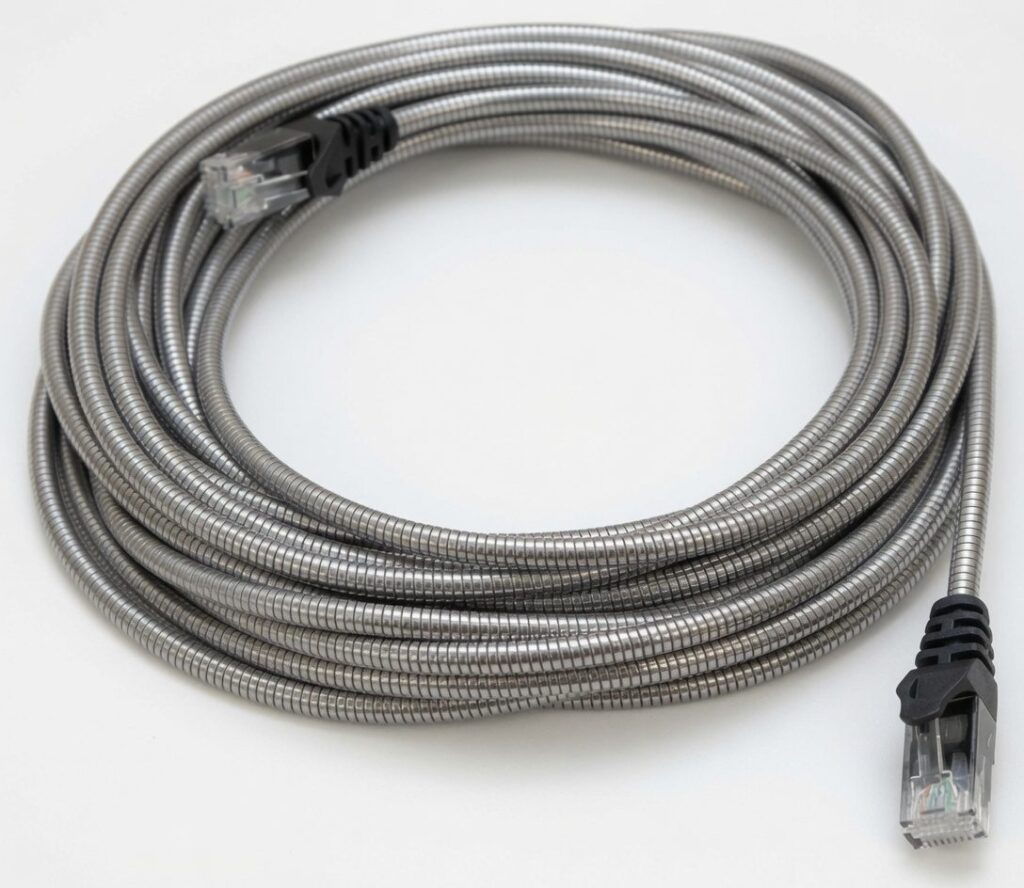 Gray braided armored Ethernet cable coiled with RJ45 connector visible