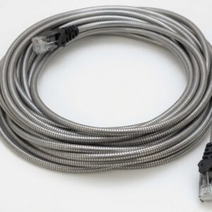 Gray braided armored Ethernet cable coiled with RJ45 connector visible
