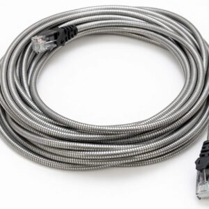 Coiled gray armored Ethernet cable with RJ45 connector attached