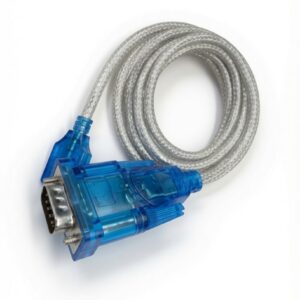Coiled USB to RS232 serial adapter cable on white background
