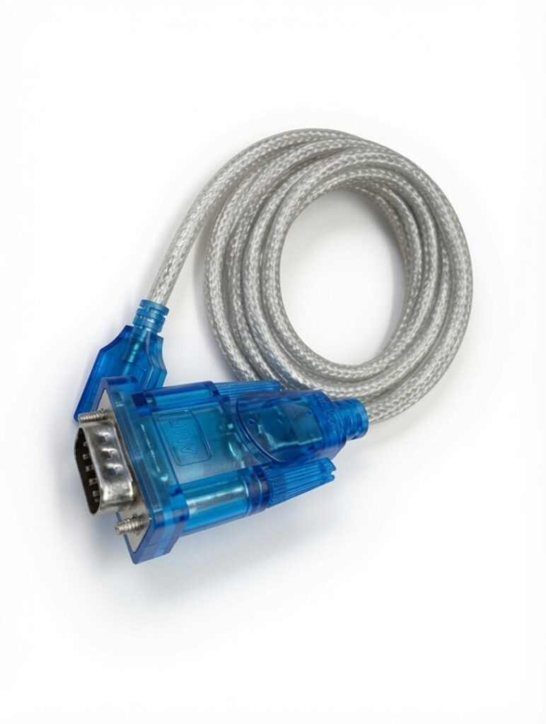 Coiled USB to RS232 serial adapter cable on white background