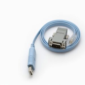 Light blue USB to serial adapter cable coiled neatly